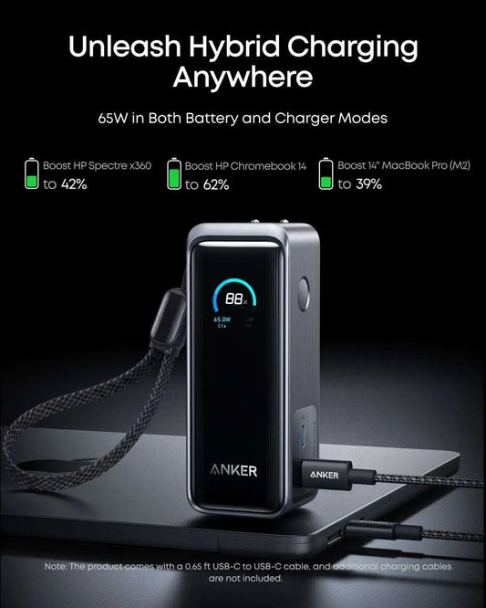 Anker Prime power bank showing blue charging display with attached cable