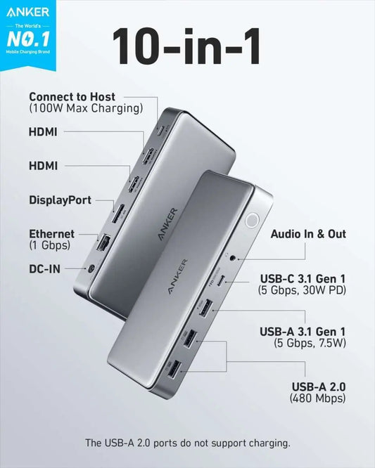 Grey USB-C docking station shown at an angle with front USB and HDMI ports