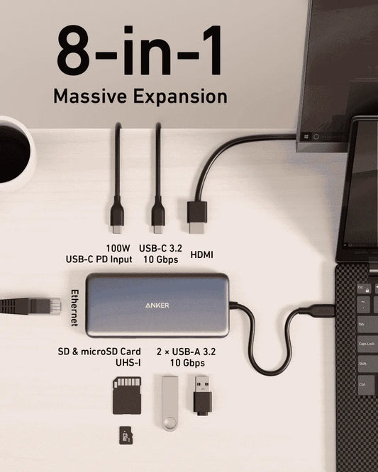 Anker USB-C hub showing multiple ports: USB-C, HDMI, Ethernet, SD and microSD