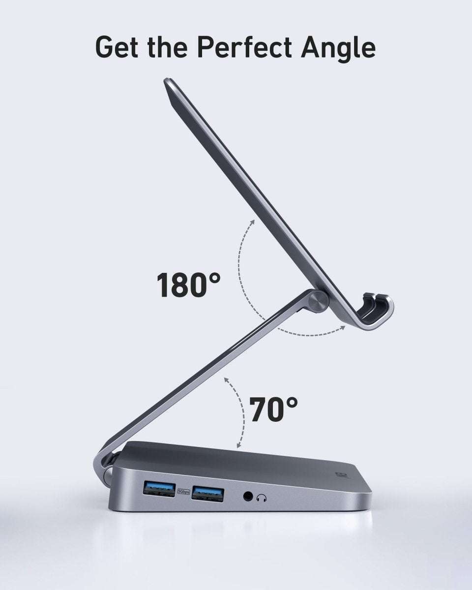Gray Anker USB‑C hub stand with wide tilt settings and front USB ports