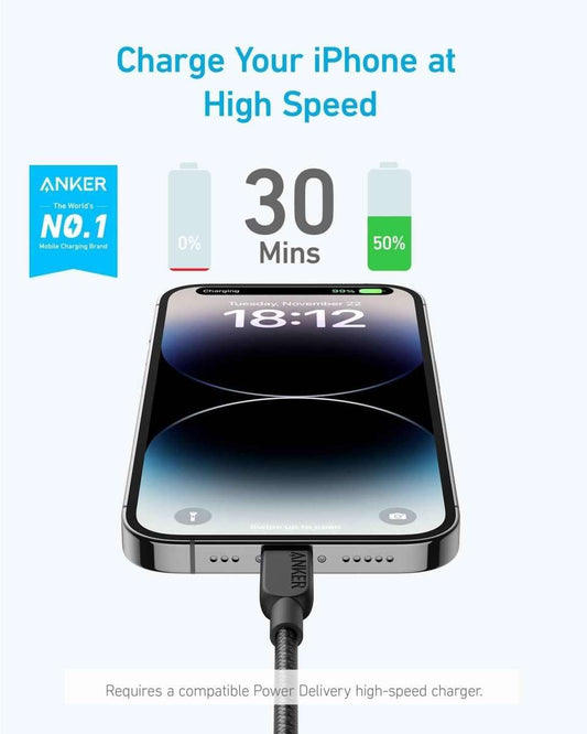 Anker USB-C to Lightning cable connected to iPhone, charging with USB-C plug