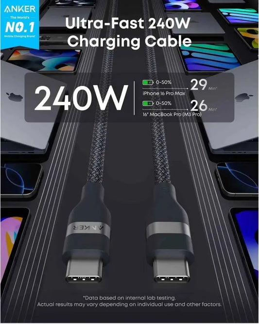 Anker USB-C to USB-C Cable (3 ft / 6 ft, 240W, Upcycled-Braided) Anker 3 ft / Black Stone 3 ft / Shell White 6 ft / Black Stone 3 ft / Black Stone-3 ft / Shell White-6 ft / Black Stone-6 ft / Shell White-6 ft / Ice Lake Blue-6 ft / Sprout Green-6 ft / Lilac Purple-10 ft / Black Stone-