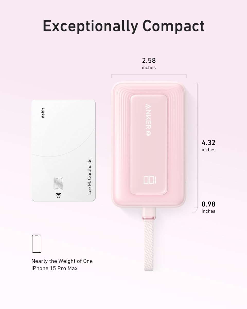 Compact pink portable power bank with built-in USB-C cable