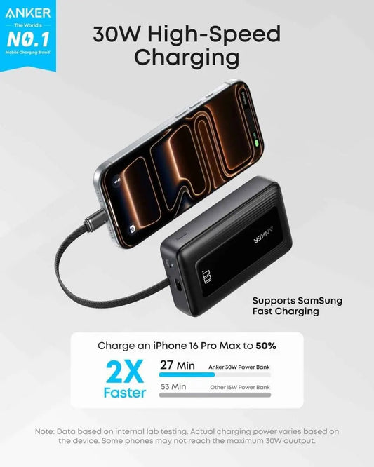 Anker Zolo Power Bank (10K, 30W) with a 5.4-inch (13.7 cm) built-in USB-C cable. - Cartsfy Inc.