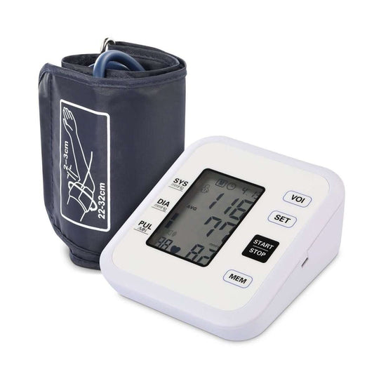White arm blood pressure monitor with LCD and dark blue adjustable cuff