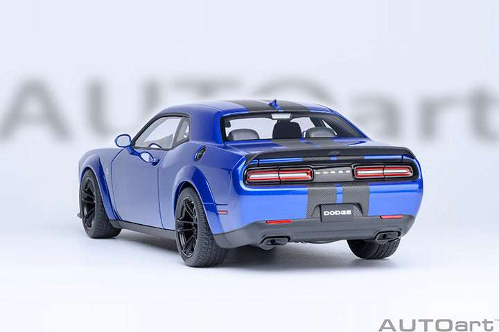 Indigo blue 1:18 Dodge Challenger SRT Jailbreak model car, rear 3/4 view