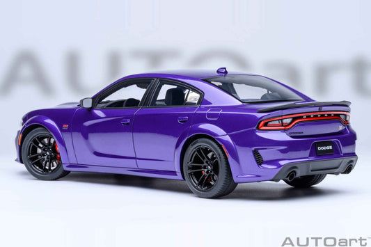AUTOart 1:18 scale purple Dodge Charger model, rear three-quarter view