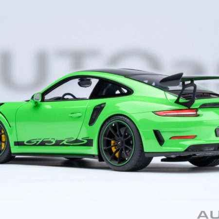 Side view of green Porsche 911 GT3 RS die-cast model with GT3 RS decal and black wheels.