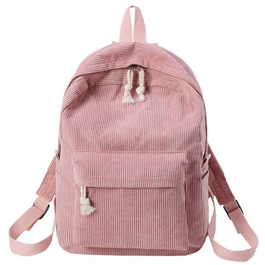 Pink backpack with tassel drawstring, front zip pocket, and adjustable shoulder straps