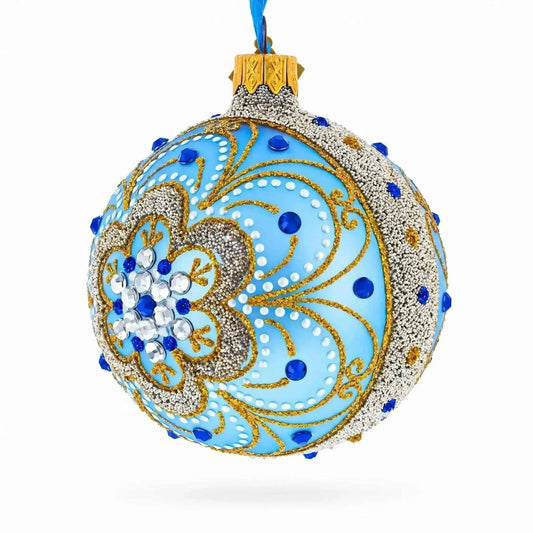 Baroque Filigree with Gemstones on Blue Glass Ball Christmas Ornament 3.25 Inches