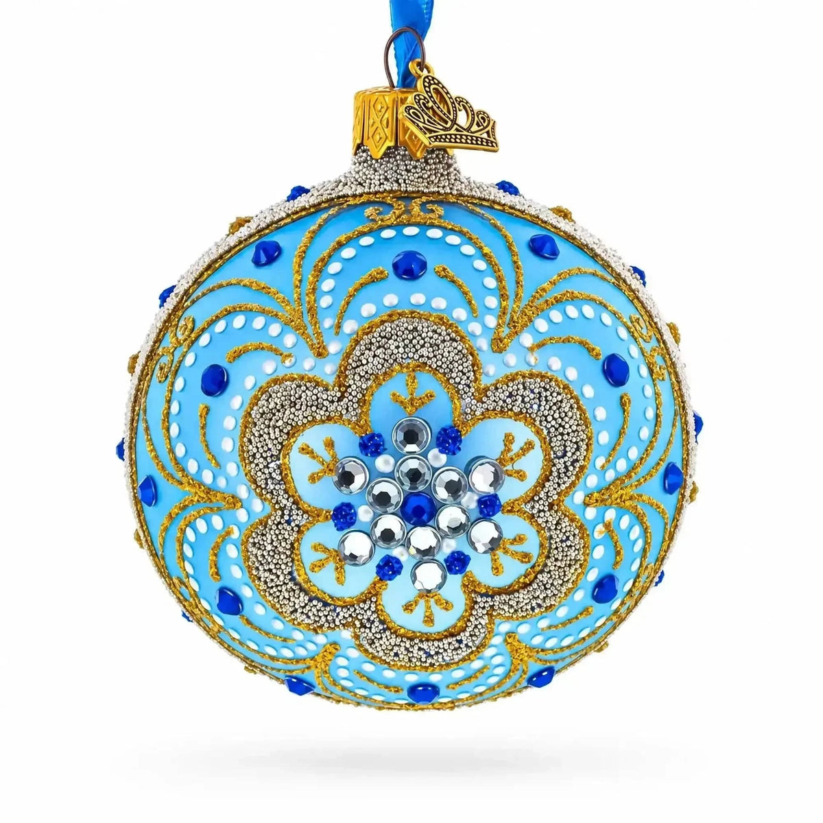 Baroque Filigree with Gemstones on Blue Glass Ball Christmas Ornament 3.25 Inches Cartsfy Inc.