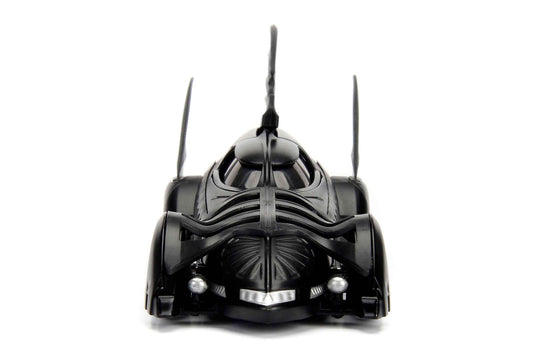 Black Batmobile 1/32 diecast model car, front view with bat-like grille and headlights