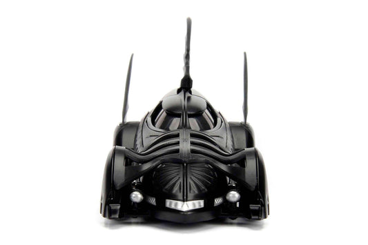 Black Batmobile 1/32 diecast model car, front view with bat-like grille and headlights