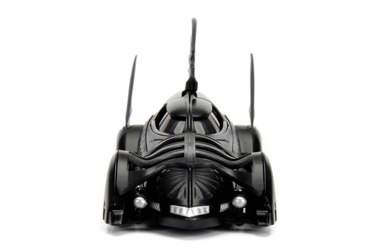 Black Batmobile 1/32 diecast model car, front view with bat-like grille and headlights