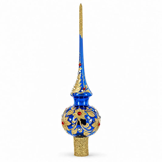 Royal Blue and Gold Floral Majesty Glass Christmas Tree Topper 11 Inches BestPysanky Default Title Default Title-