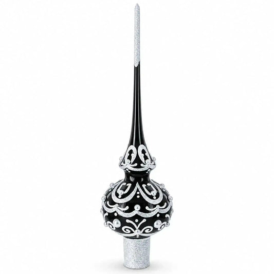 Black & White Scroll Pear Glass Christmas Tree Topper 11 Inches Cartsfy Inc.