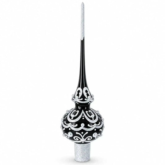 Black & White Scroll Pear Glass Christmas Tree Topper 11 Inches Cartsfy Inc.