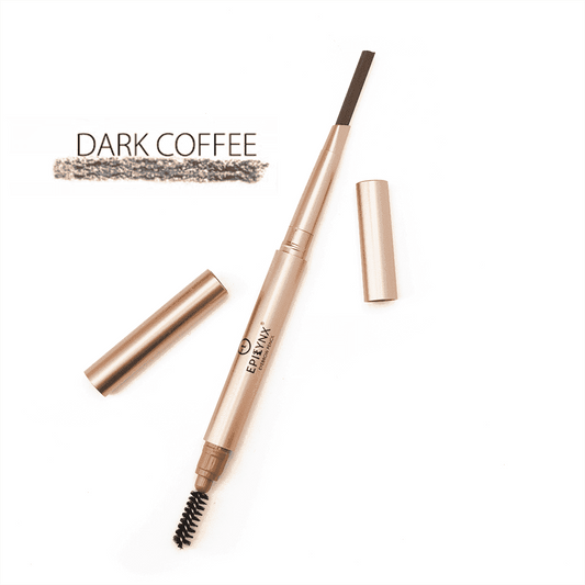 Epilynx brow-defining eyebrow pencil in dark coffee with swatch and capped pencil case.