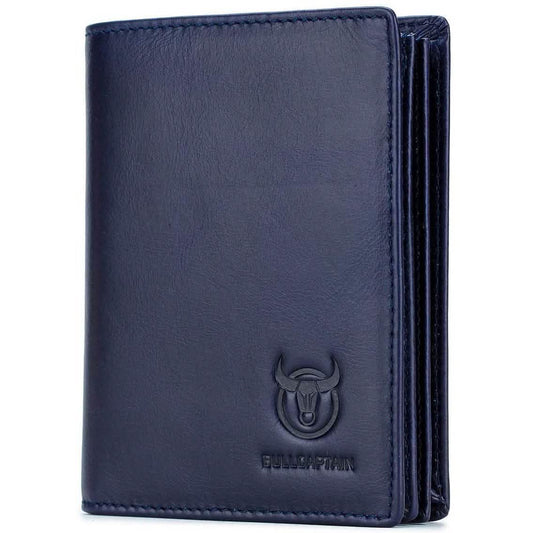 Blue genuine leather bifold wallet with Bullcaptain logo and stitched trim