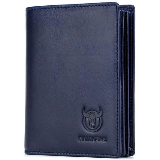 Blue genuine leather bifold wallet with Bullcaptain logo and stitched trim