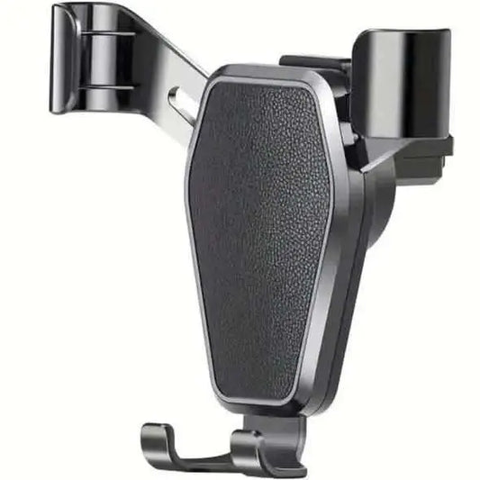 Car phone holder with hinged vent clip and dark textured cradle