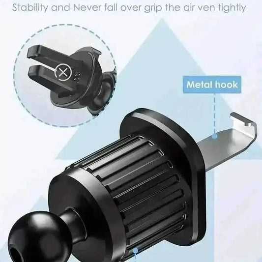 Car phone holder vent mount with metal-style hook and ridged grip holder, black