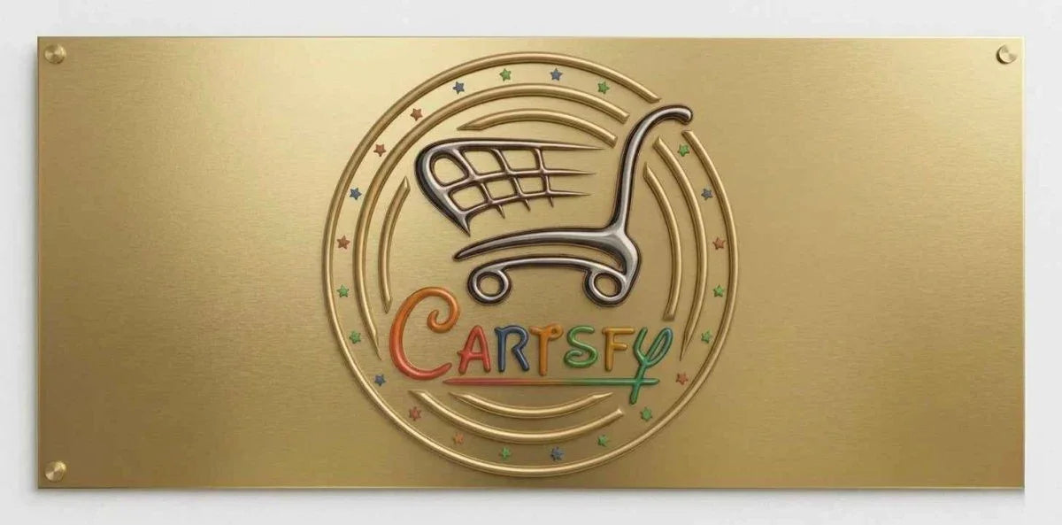 Cartsfy logo on gold plaque with shopping cart emblem and colorful lettering