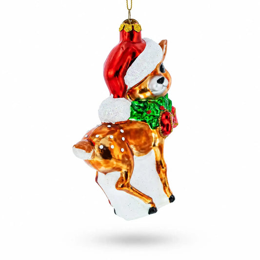 Reindeer with Santa Hat Glass Christmas Ornament BestPysanky Default Title Default Title-