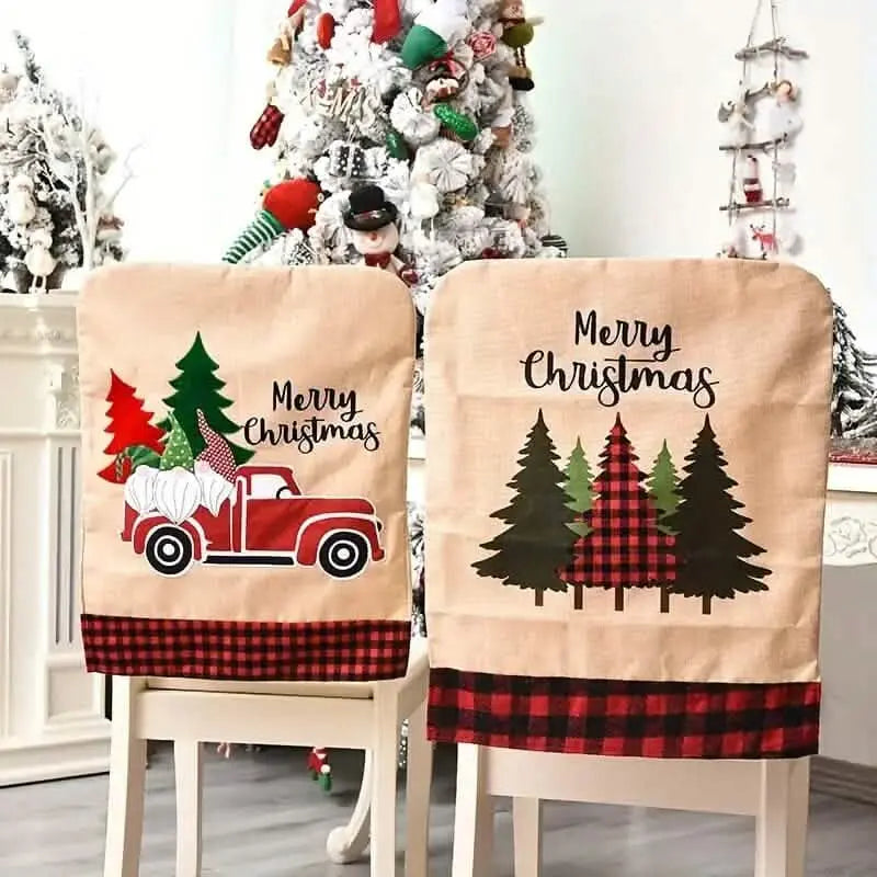 Pair of Christmas chair covers: red truck with pine on left and plaid tree scene on right