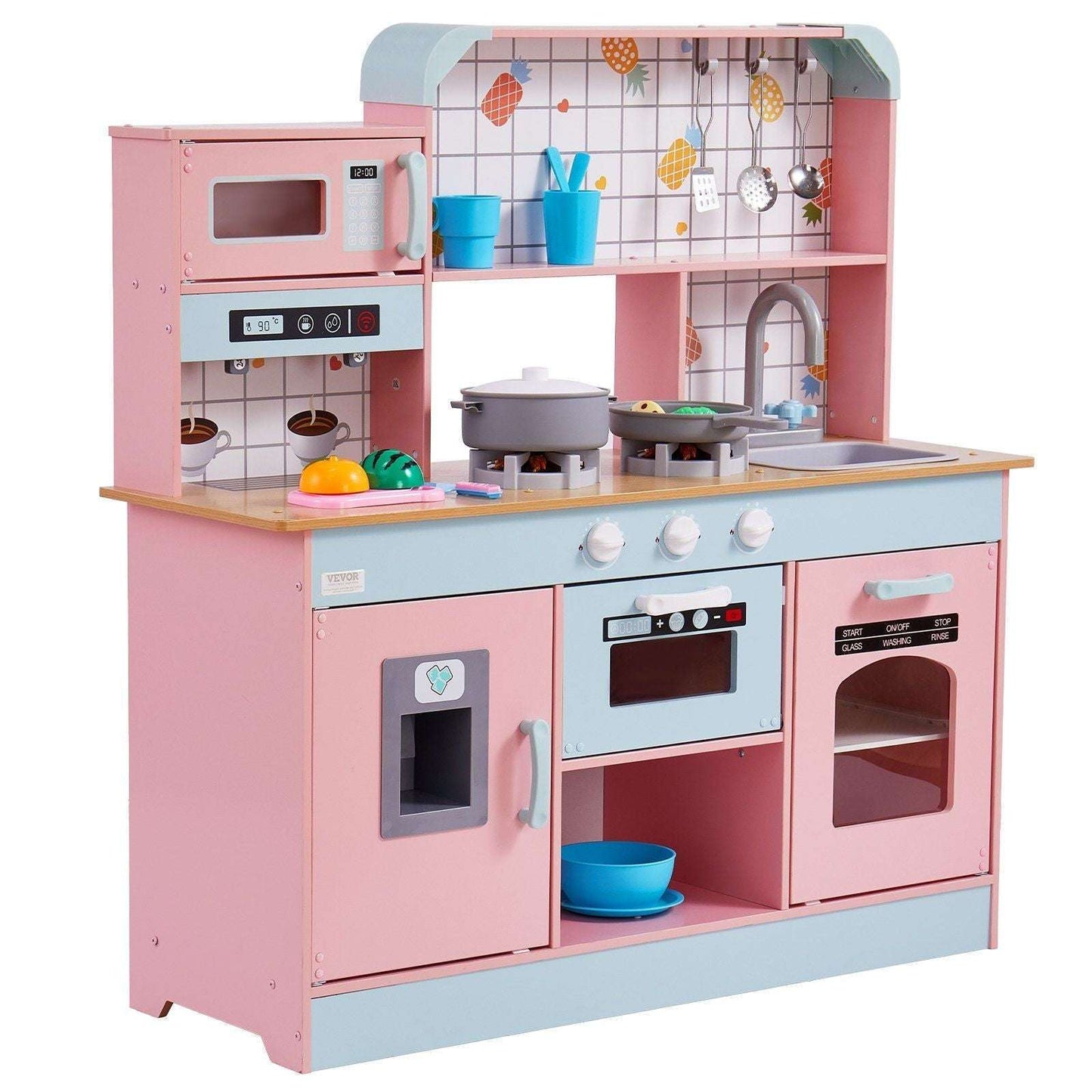 Kids pretend play kitchen set in light pink with stove, oven, sink and accessories
