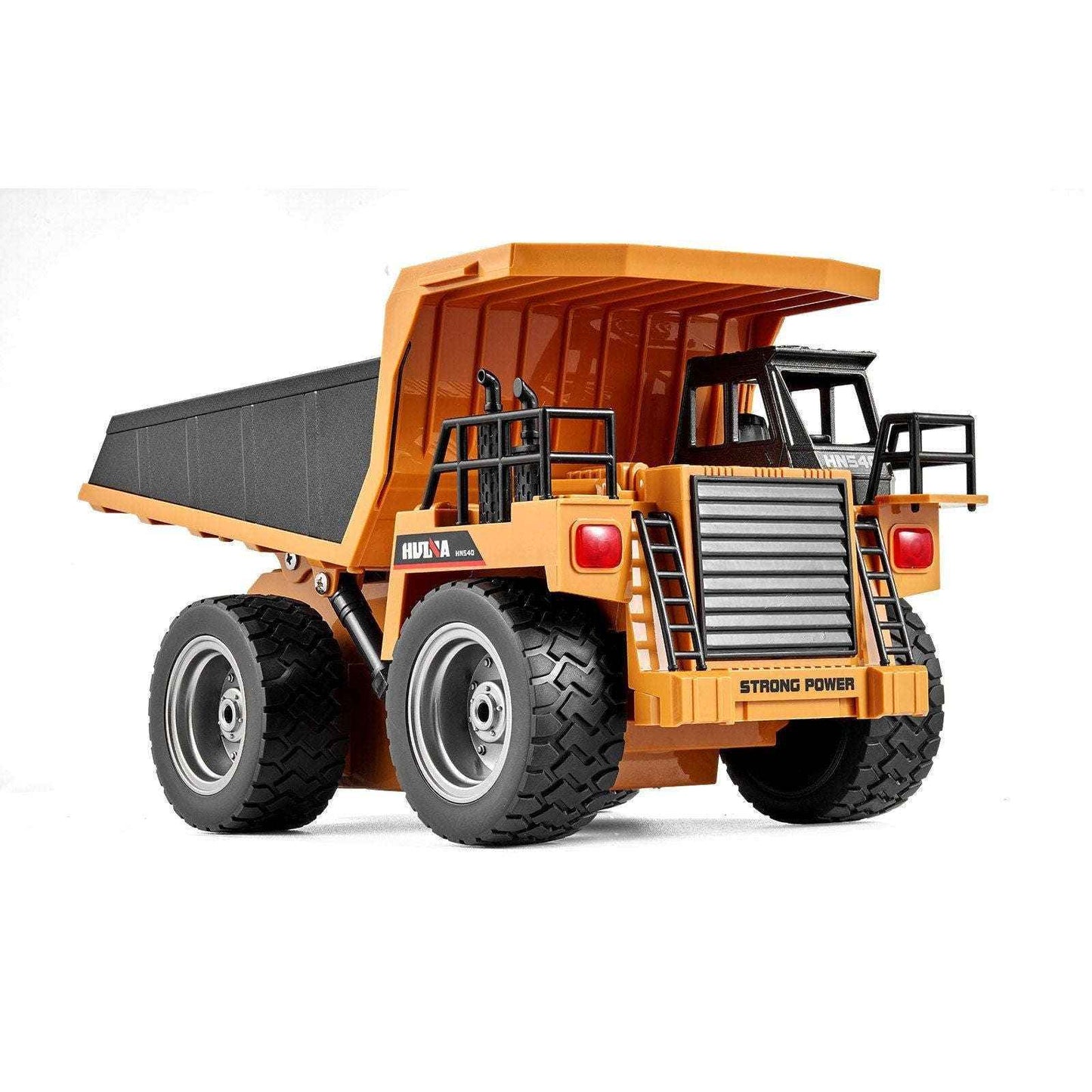 RC dump truck toy, orange cab with black dump bed and large tread tires