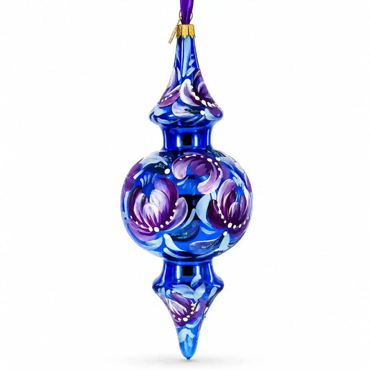 Cobalt Blue Floral Double-Ended Finial Drop Glass Christmas Ornament Cartsfy Inc.