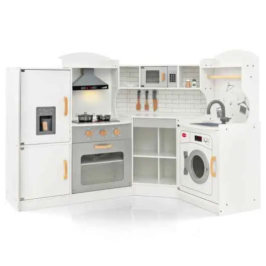 Kids play kitchen with stove, oven, sink, and front-loader washing machine, corner set
