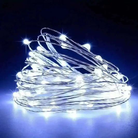 Cool white LED string lights with silver-toned wire, bundled coil.