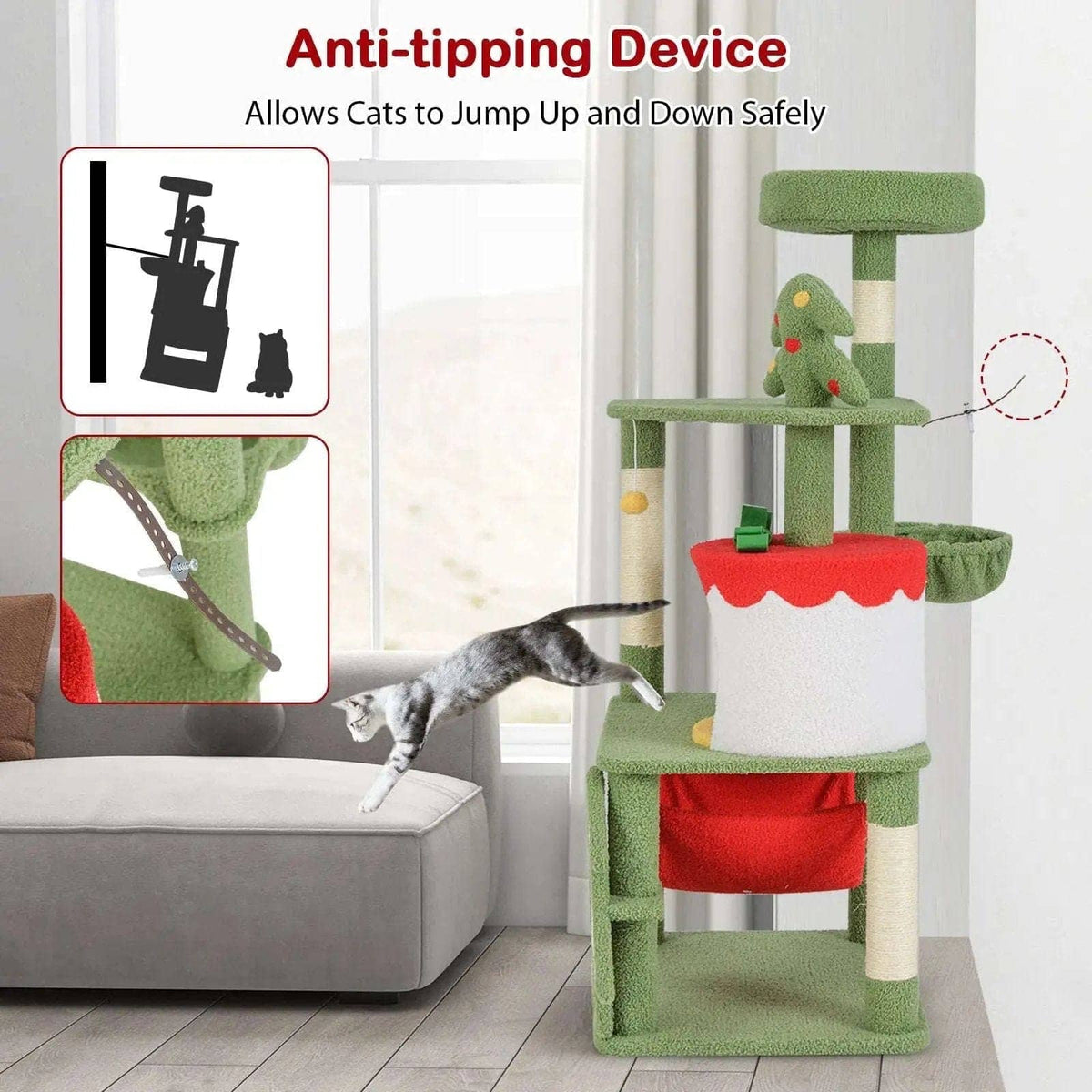 Cute Christmas Cat Tree with Sisal Scratching Posts and Gift Box Shaped Condo-Green Cartsfy Inc.