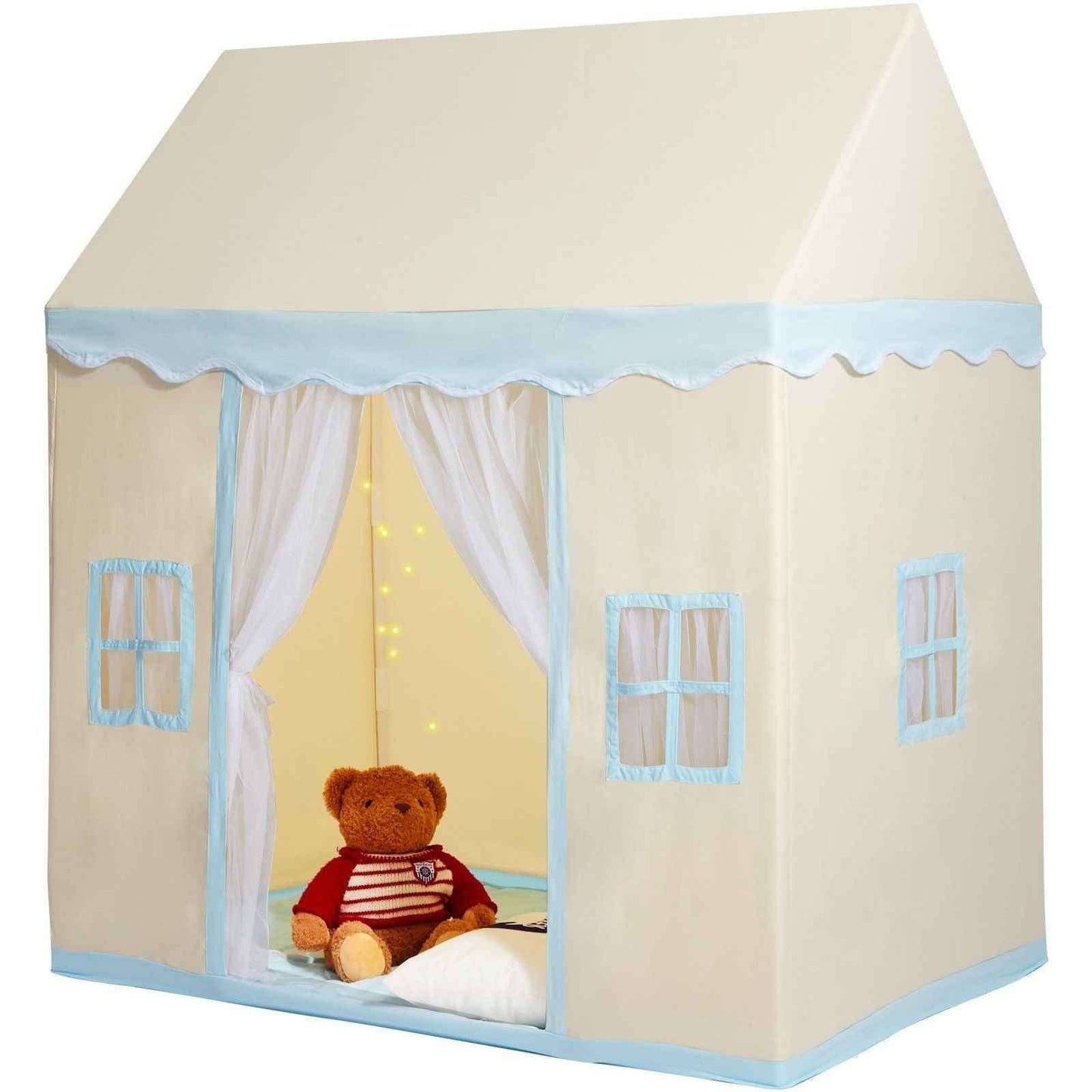 Beige kids play tent with blue windows, open front, and striped mat inside