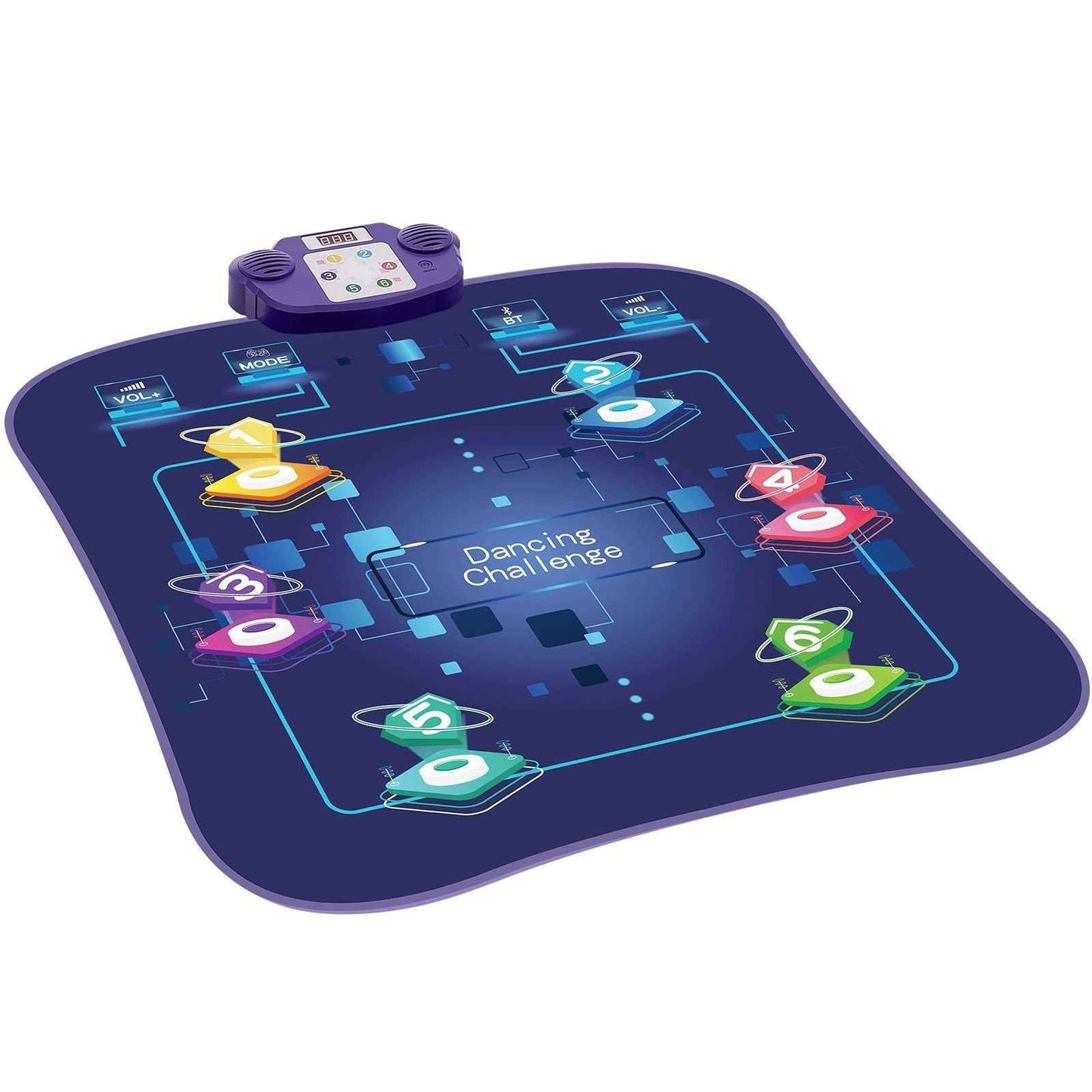 Kids dance pad toy with wireless controller, blue purple mat with dance challenge arrows