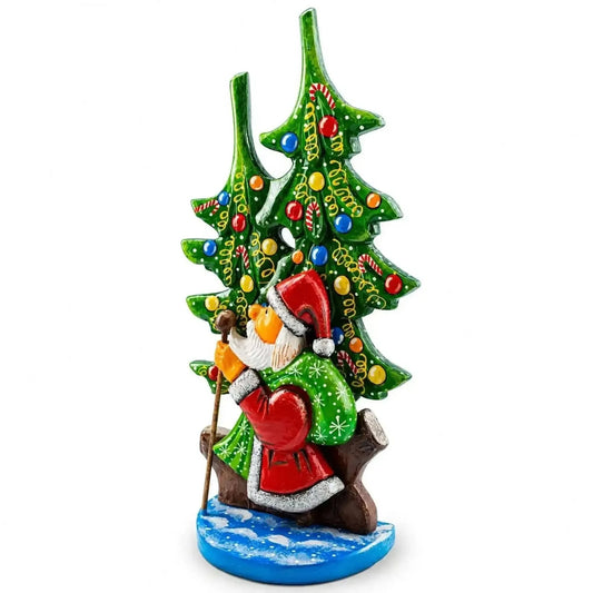 Did Moroz (Santa) and Christmas Tree Hand Carved Ukrainian Wooden Figurine 12.25 Inches Cartsfy Inc.