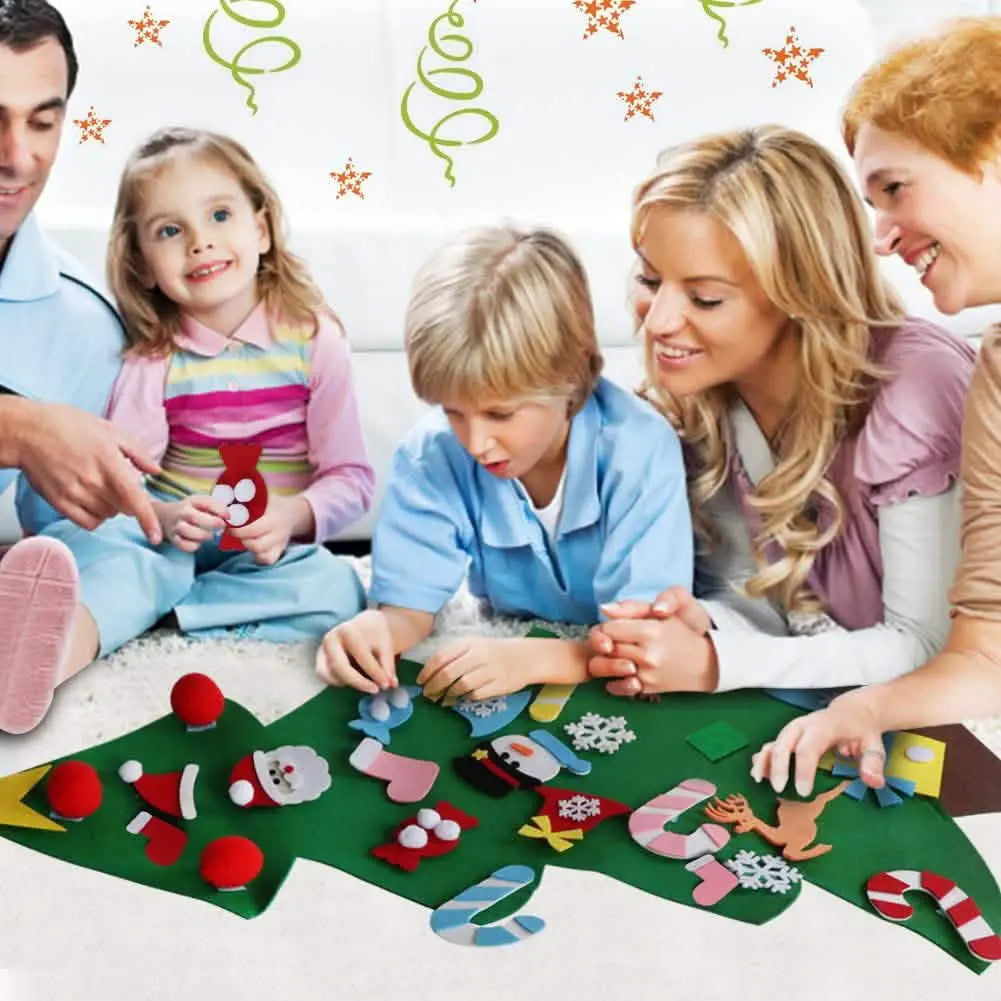 Felt Christmas tree ornament set; family arranging holiday pieces on a green base