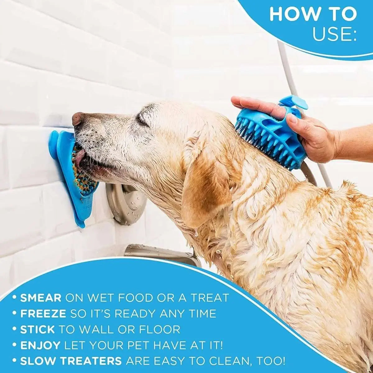 Dog licking a blue silicone wall-mounted lick pad feeder toy held in place.