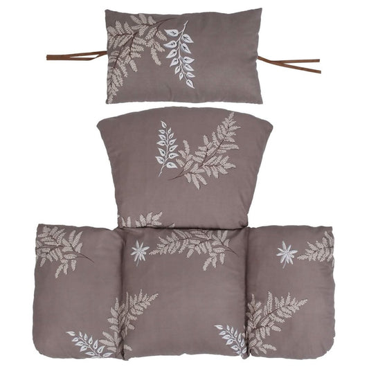 Egg chair hanging basket seat cushion set with headrest, brown leaf-pattern pillows