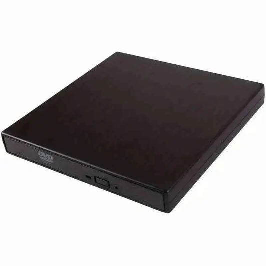 Slim black external CD/DVD drive with front control panel and tray slot