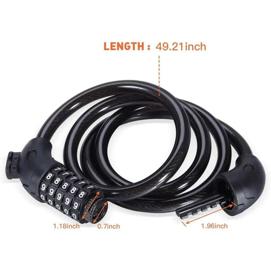Black coiling bike chain lock with extended spiral cable and 5-digit resettable dial