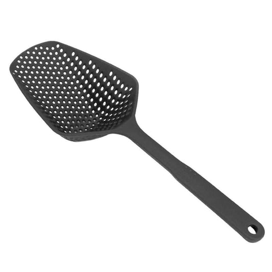 Large black perforated scoop strainer with long handle, drainage holes, and hanging loop
