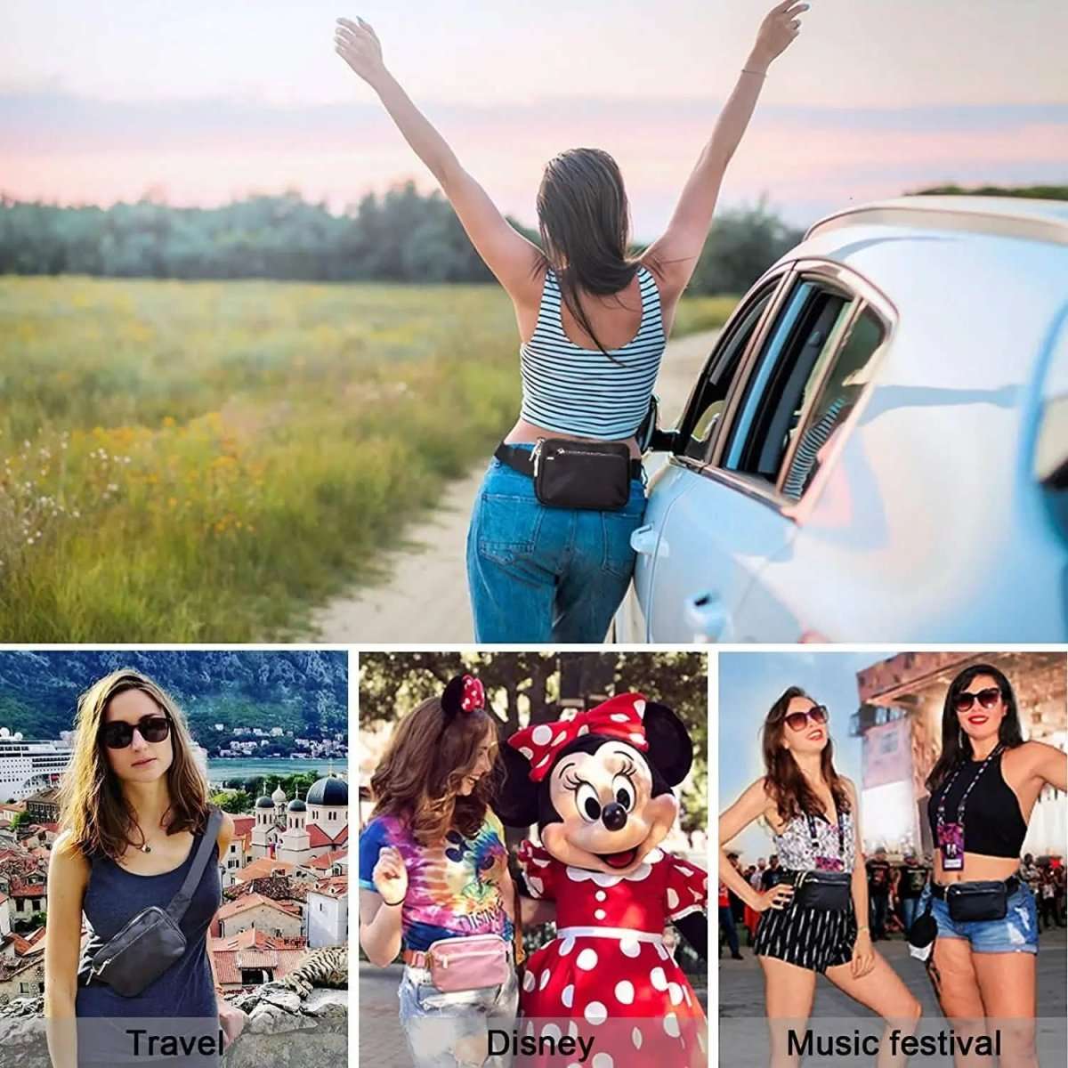 Black waist pack belt bag on person with adjustable strap outdoors near a car