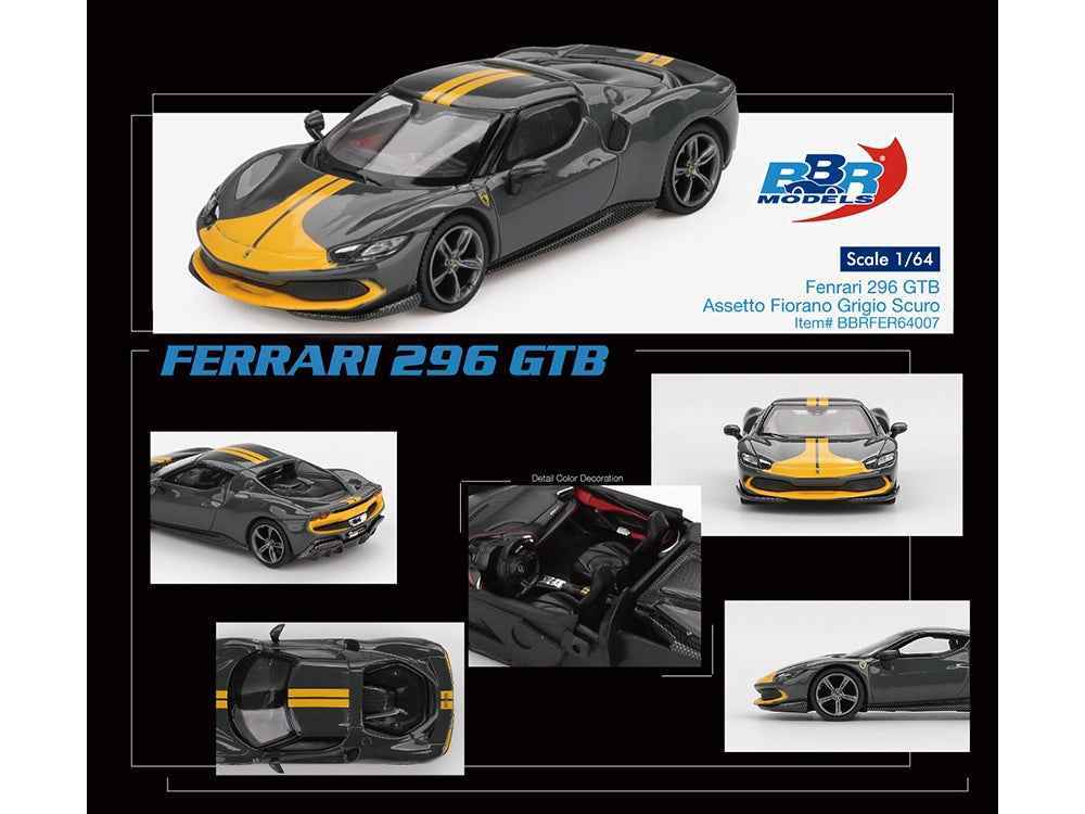 Ferrari 296 GTB Assetto Fiorano Grigio Scuro (Dark Gray) with Yellow Stripes 1/64 Diecast Model Car by BBR Miniature Motors Default Title Default Title-