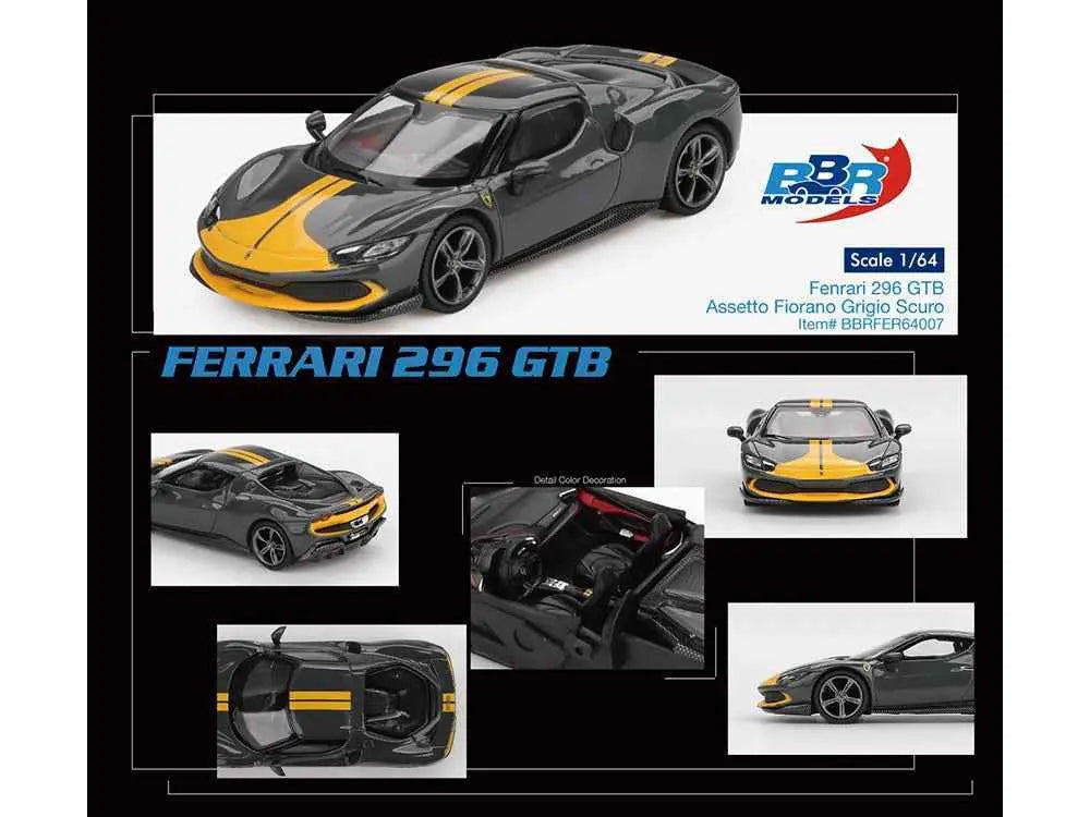 Dark gray diecast sports car model with yellow stripes, on display card