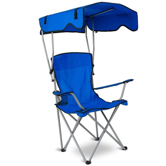 Blue foldable beach chair with sun canopy and cup holder, padded back and seat
