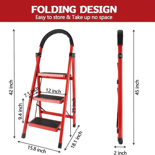 Folding 3/4-Step Ladder – Portable Steel Step Stool, Anti-Slip Cartsfy Inc.
