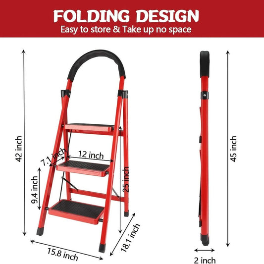 Folding 3/4 - Step Ladder – Portable Steel Step Stool, Anti - Slip - Cartsfy Inc.